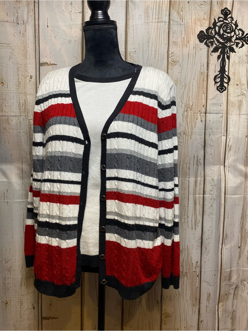 VTG Alfred Dunner Red, White & Gray Striped Button-Front Cardigan Sz-L